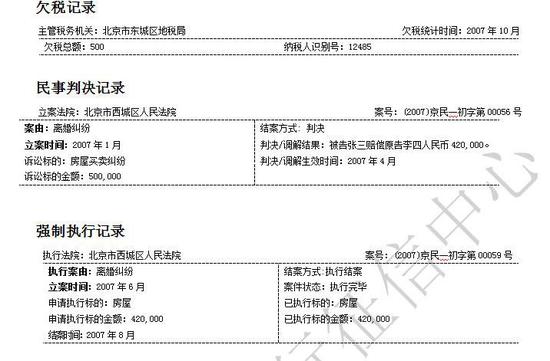 一代个人信用报告(个人版)样本 来源：央行征信中心