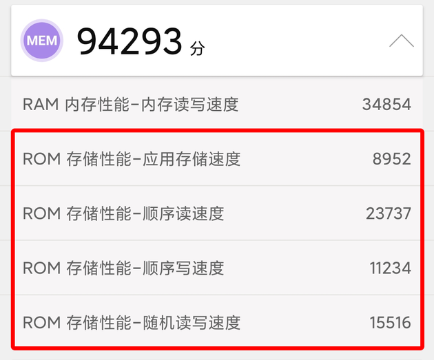 ROM存储的四个小项得分都很高