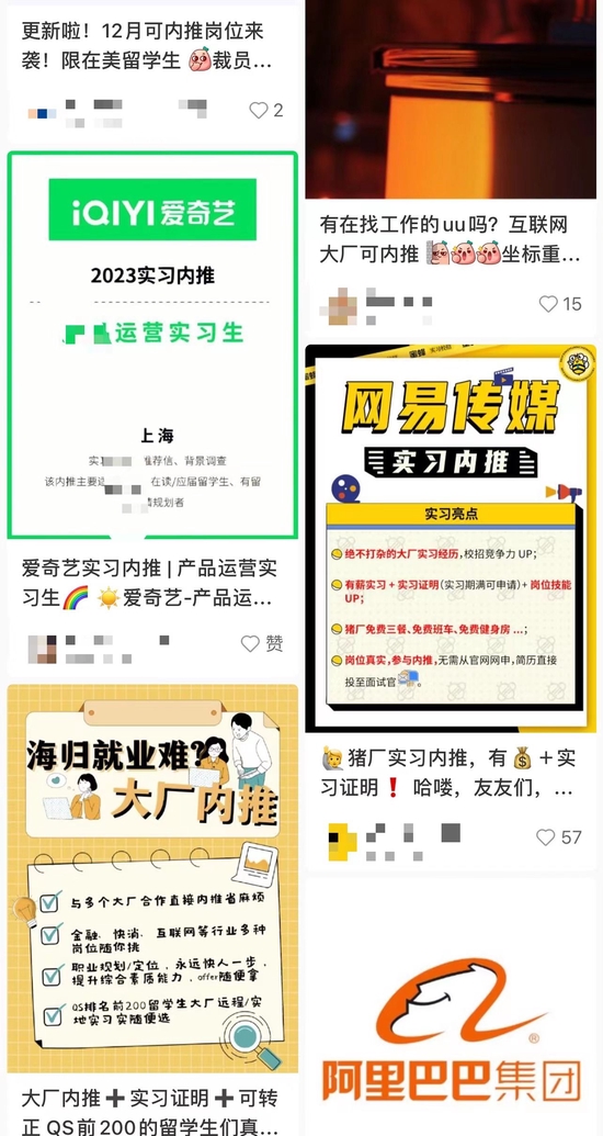 社交平台有不同的内推帖文 图源：小红书