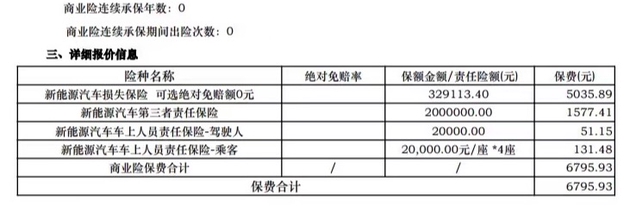 保险公司给李女士的报价（未加交强险）